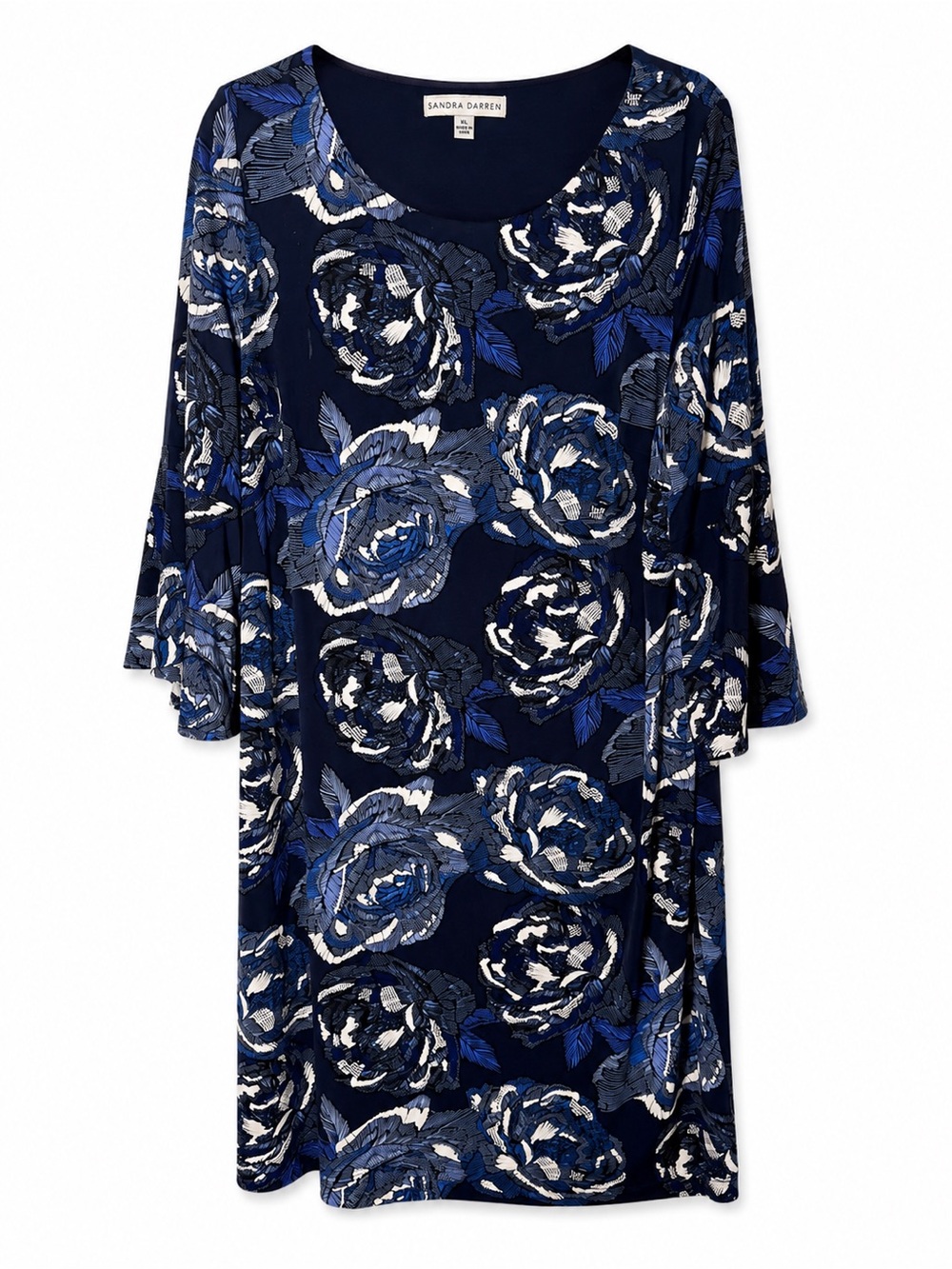 Sandra Darren Women’s 1X Navy Blue Floral Bell Sleeve Shift Dress 3/4 Sleeve